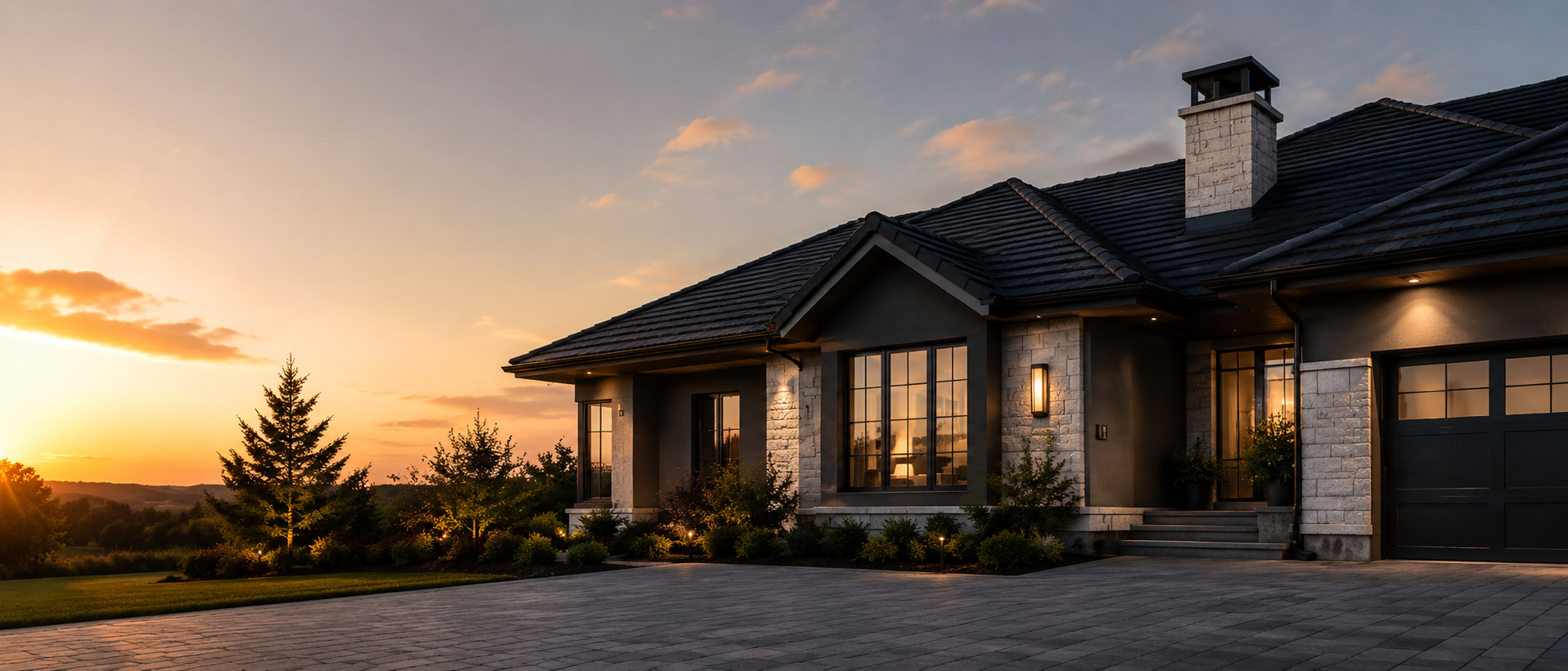 Residential home with newly restored roof and warm lighting at dusk in Brisbane